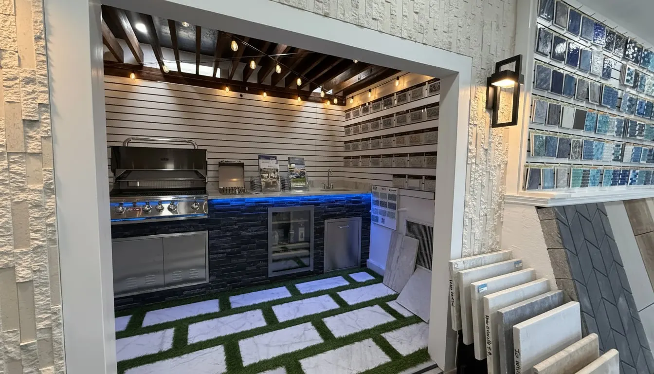 Outdoor kitchen display with grill and tile samples