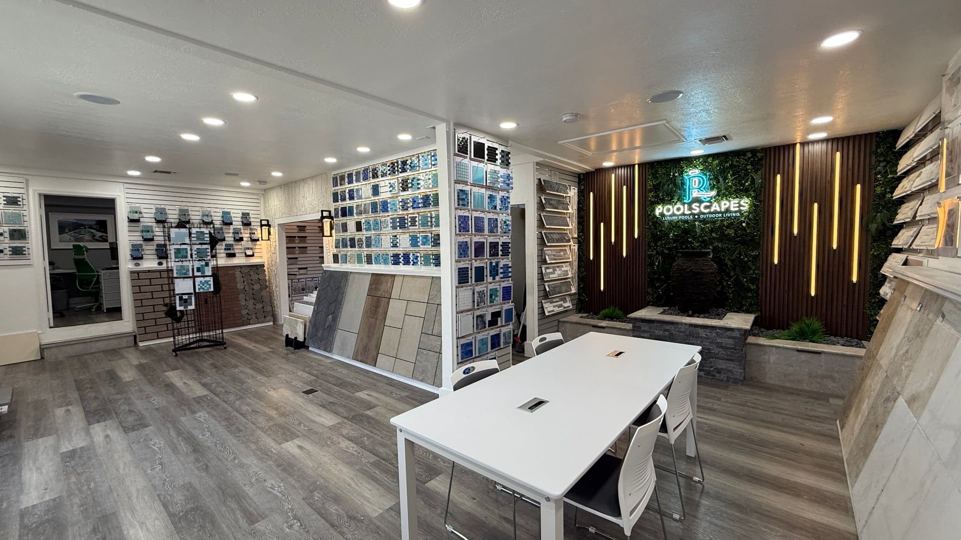 Paver samples from leading brands displayed in a showroom