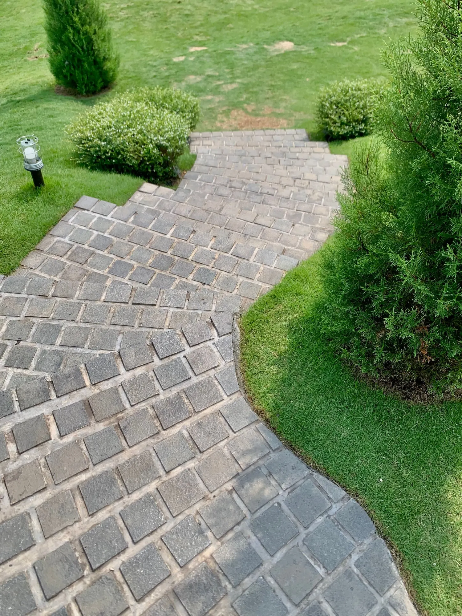 Curved paver walkway through the garden